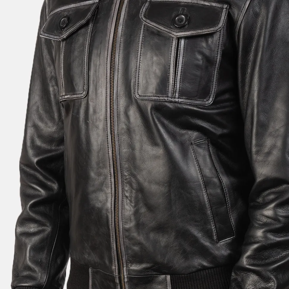Aaron Black Leather Bomber Jacket