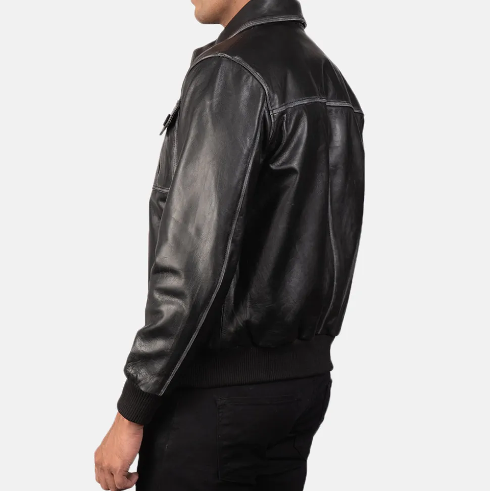 Aaron Black Leather Bomber Jacket