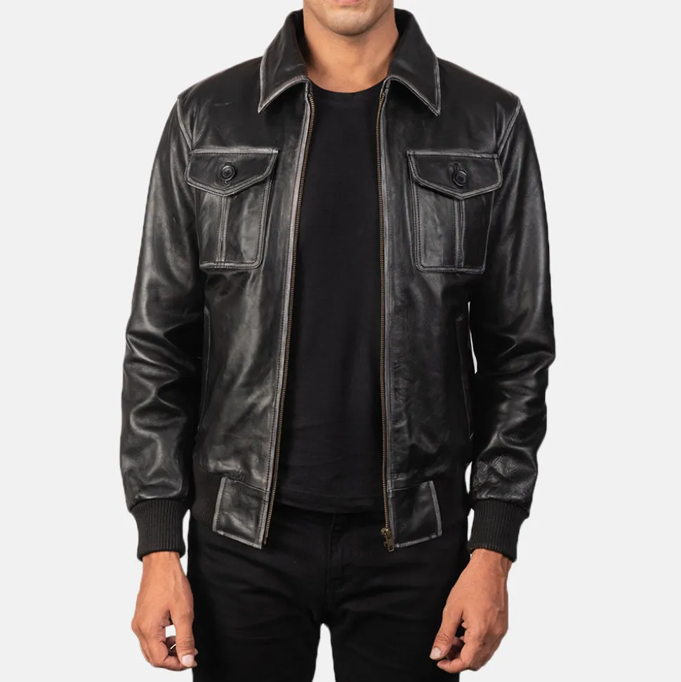 Aaron Black Leather Bomber Jacket