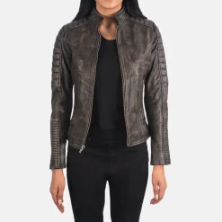 Adalyn Quilted Distressed Brown Leather Biker Jacket