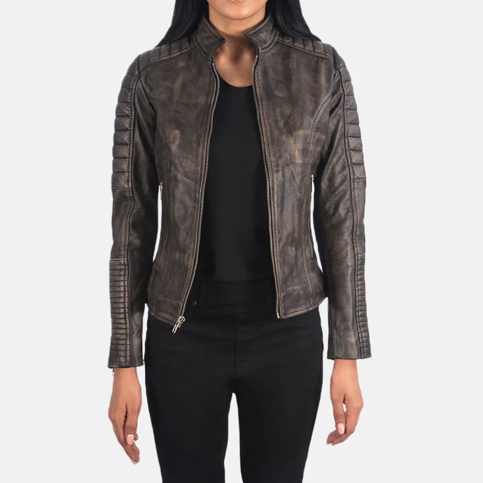 Adalyn Quilted Distressed Brown Leather Biker Jacket
