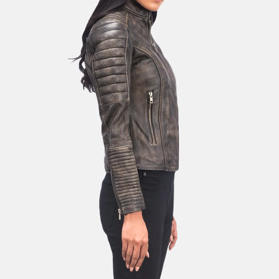 Adalyn Quilted Distressed Brown Leather Biker Jacket