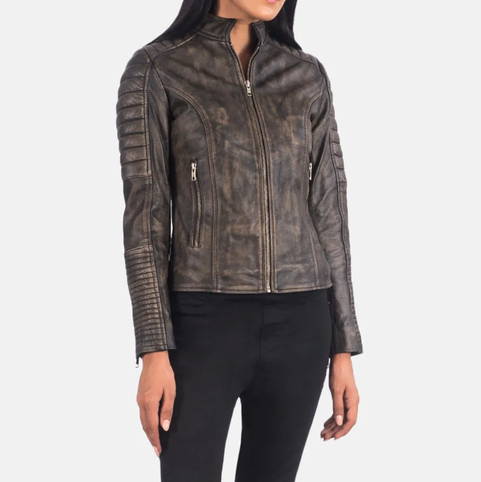 Adalyn Quilted Distressed Brown Leather Biker Jacket