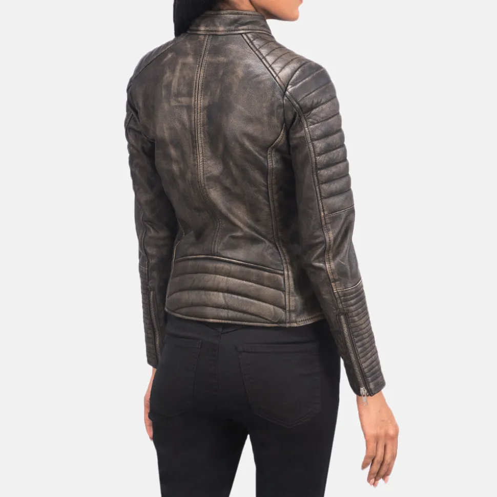 Adalyn Quilted Distressed Brown Leather Biker Jacket