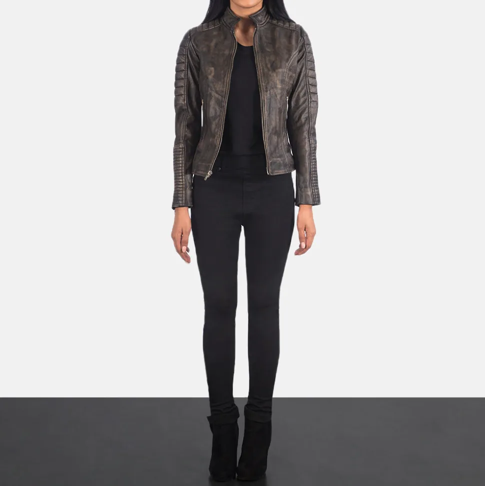 Adalyn Quilted Distressed Brown Leather Biker Jacket