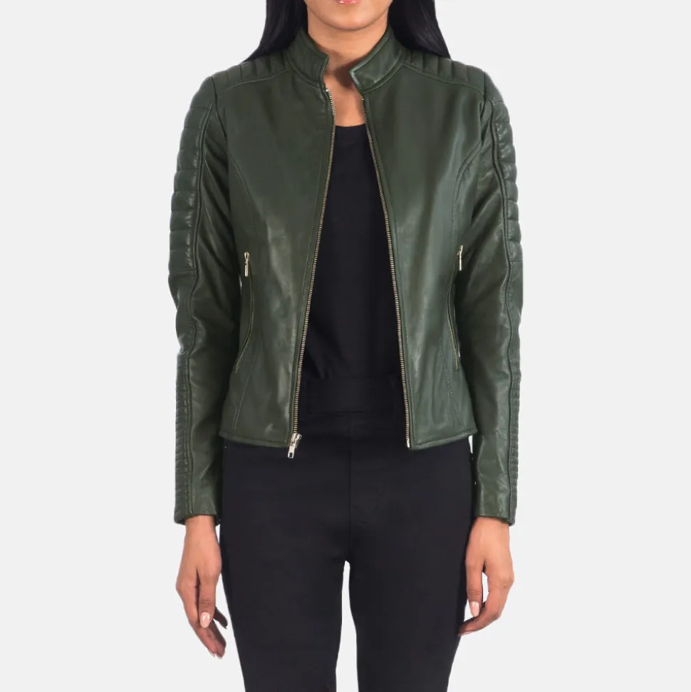 Adalyn Quilted Green Leather Biker Jacket