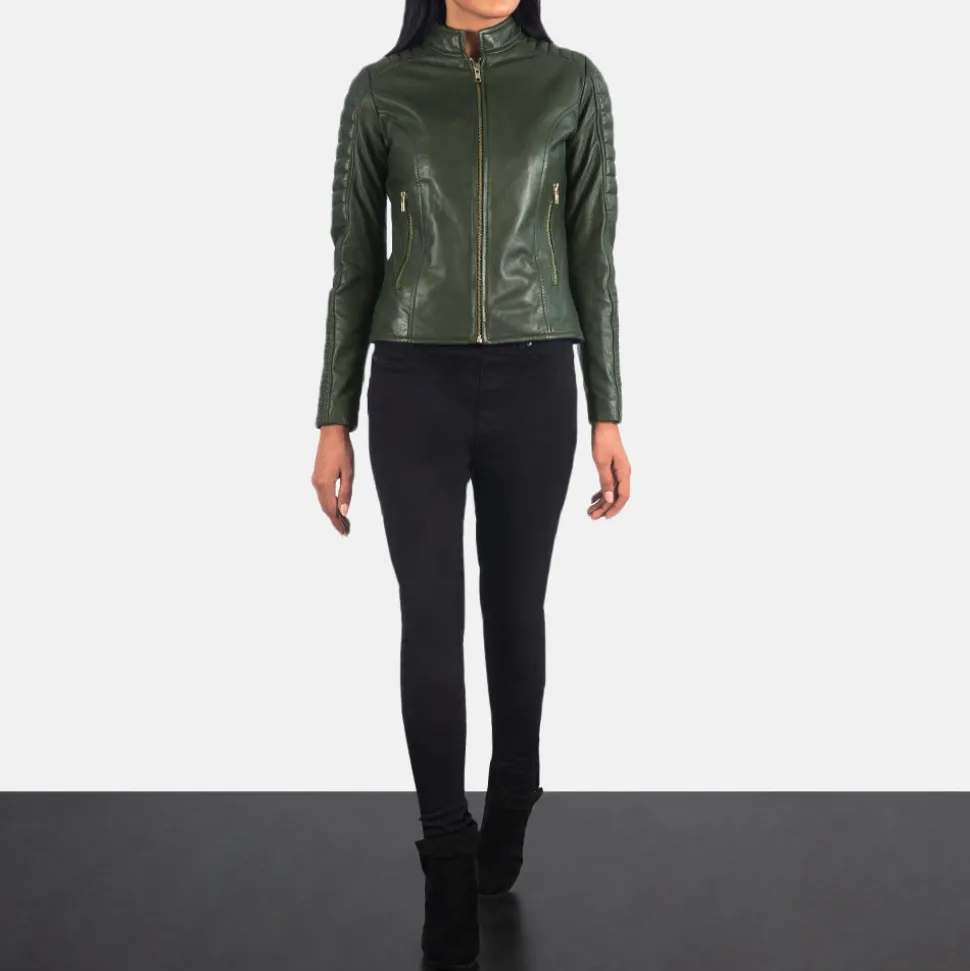 Adalyn Quilted Green Leather Biker Jacket