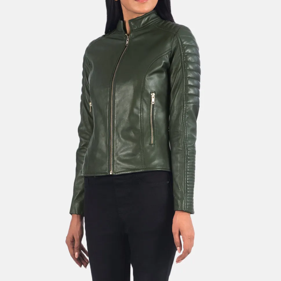 Adalyn Quilted Green Leather Biker Jacket