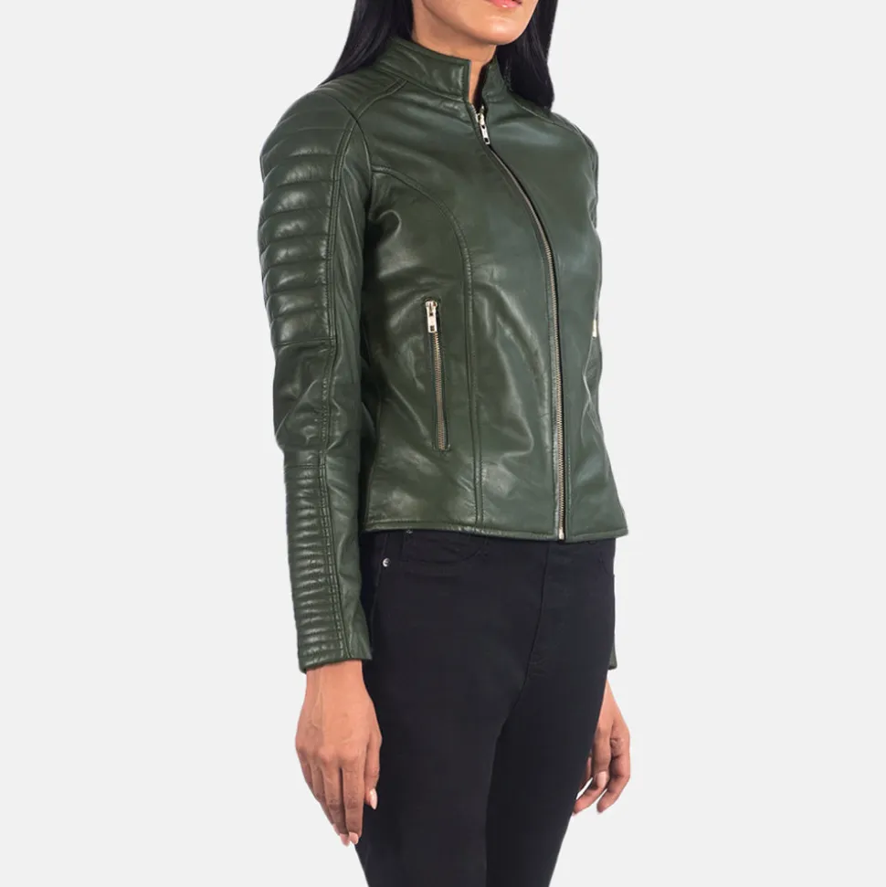 Adalyn Quilted Green Leather Biker Jacket