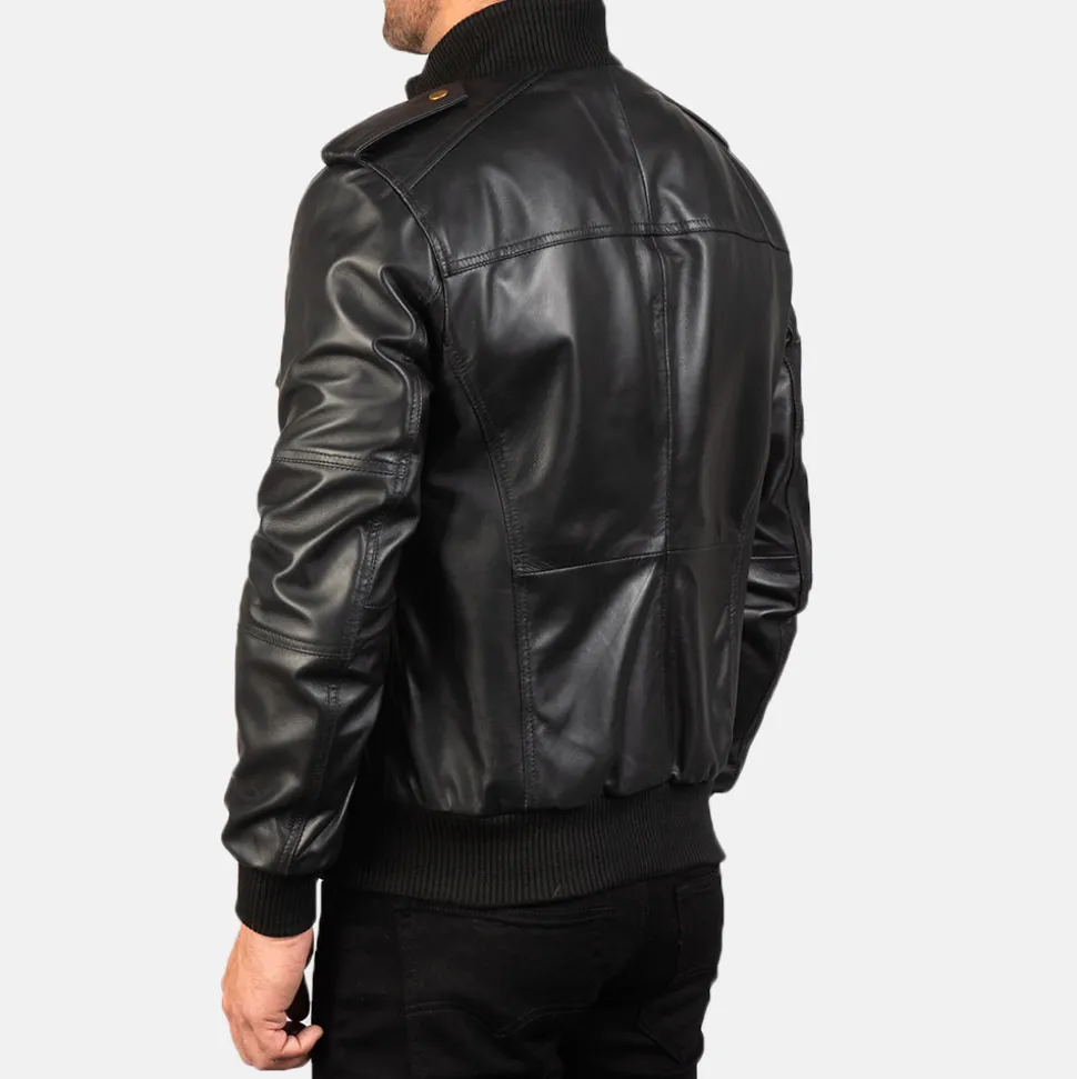 Agent Shadow Black Leather Bomber Jacket
