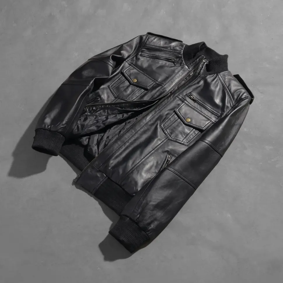 Agent Shadow Black Leather Bomber Jacket