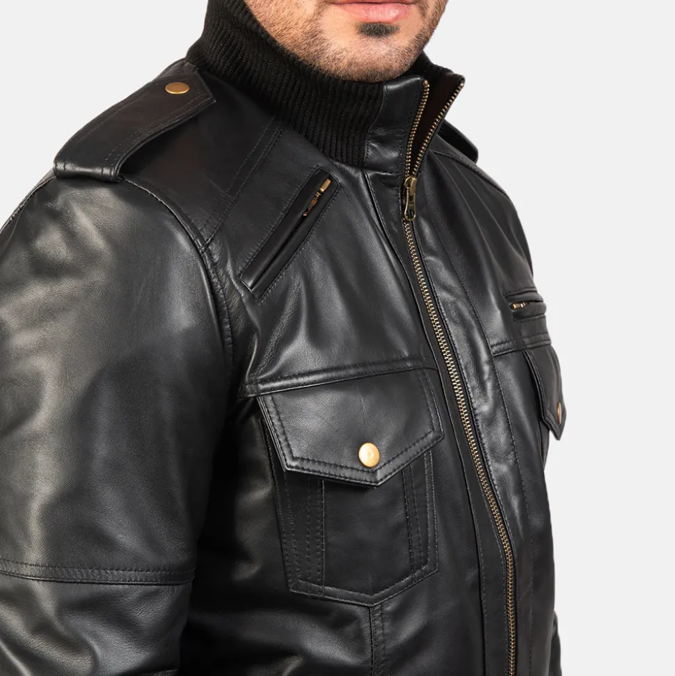 Agent Shadow Black Leather Bomber Jacket