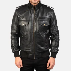 Agent Shadow Black Leather Bomber Jacket