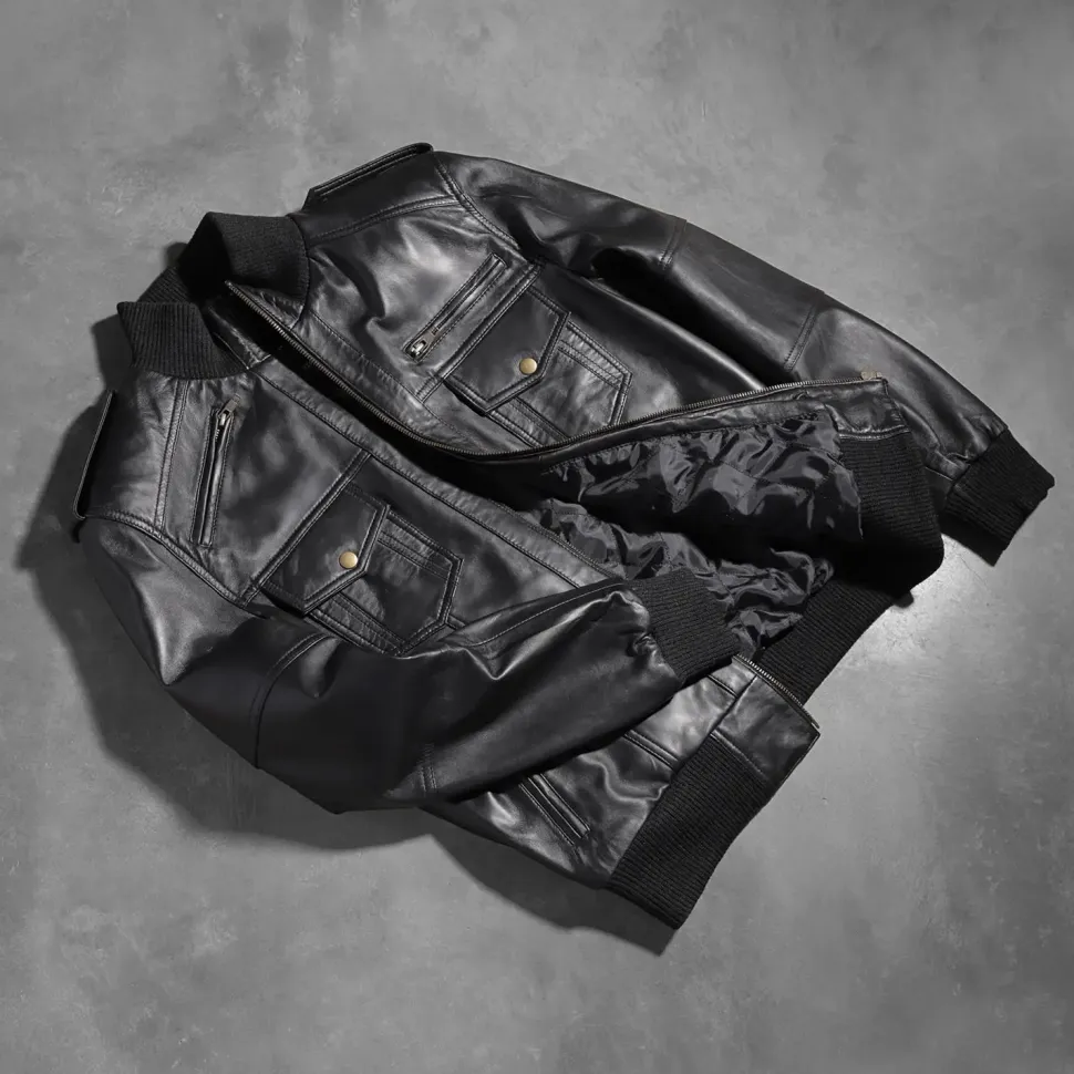 Agent Shadow Black Leather Bomber Jacket