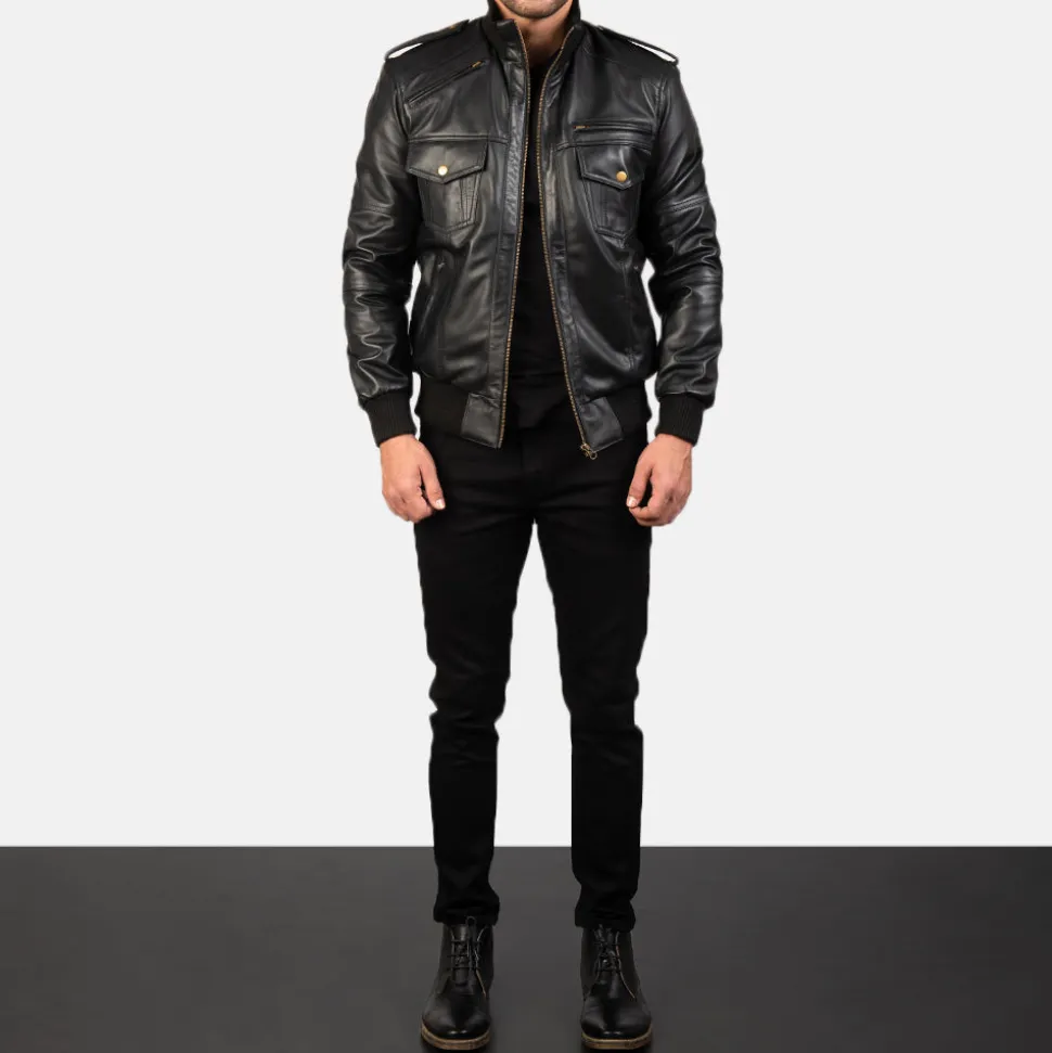 Agent Shadow Black Leather Bomber Jacket