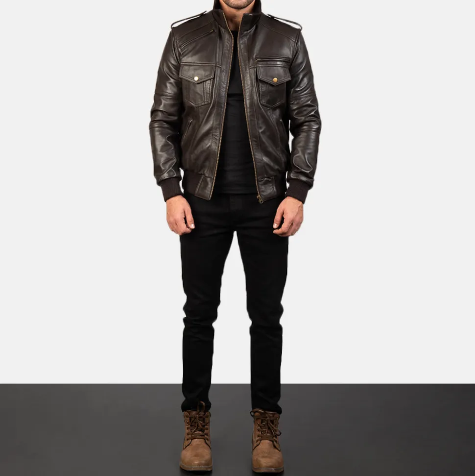 Agent Shadow Brown Leather Bomber Jacket