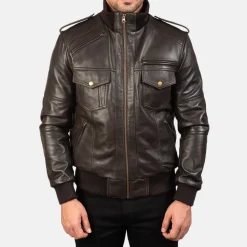 Agent Shadow Brown Leather Bomber Jacket