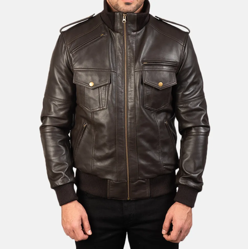 Agent Shadow Brown Leather Bomber Jacket