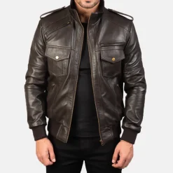 Agent Shadow Brown Leather Bomber Jacket