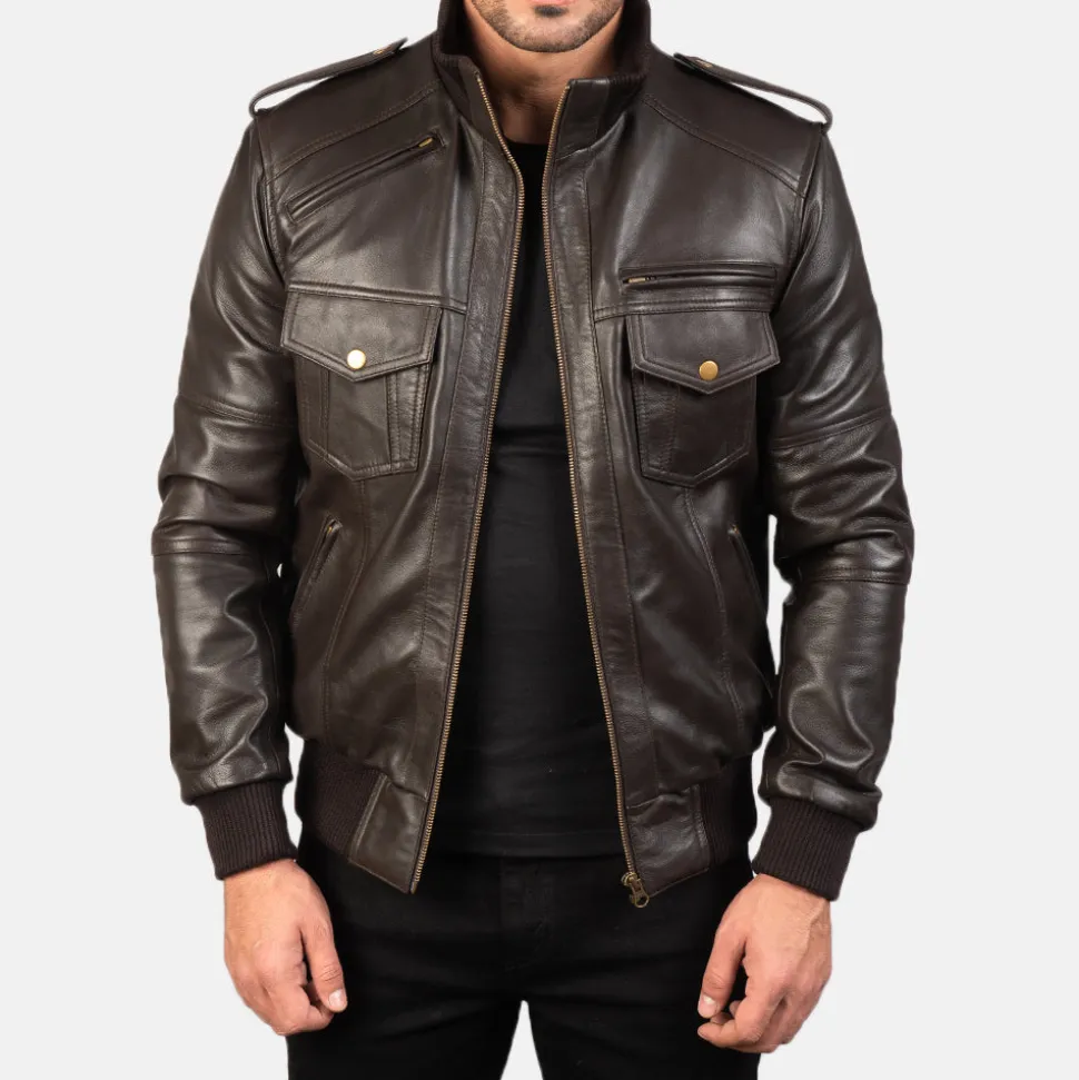 Agent Shadow Brown Leather Bomber Jacket