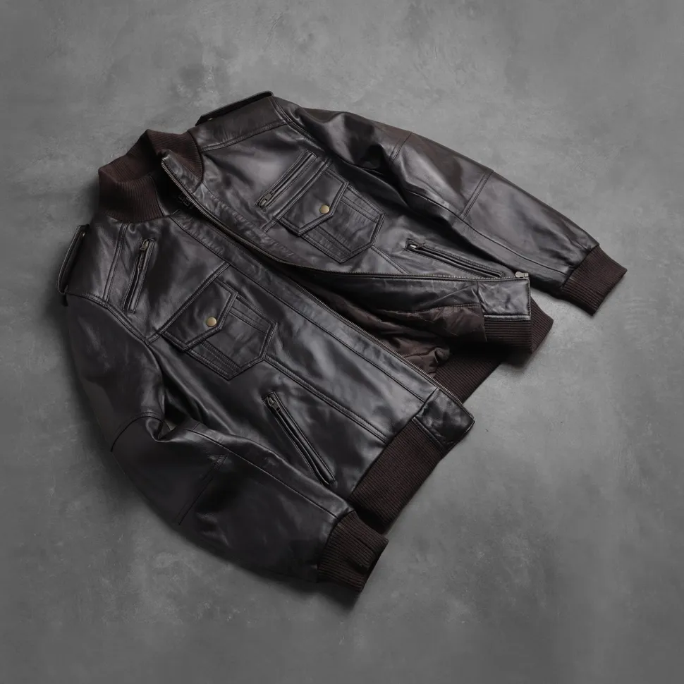 Agent Shadow Brown Leather Bomber Jacket