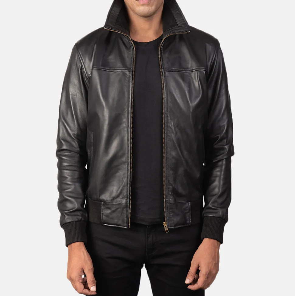 Air Rolf Black Leather Bomber Jacket