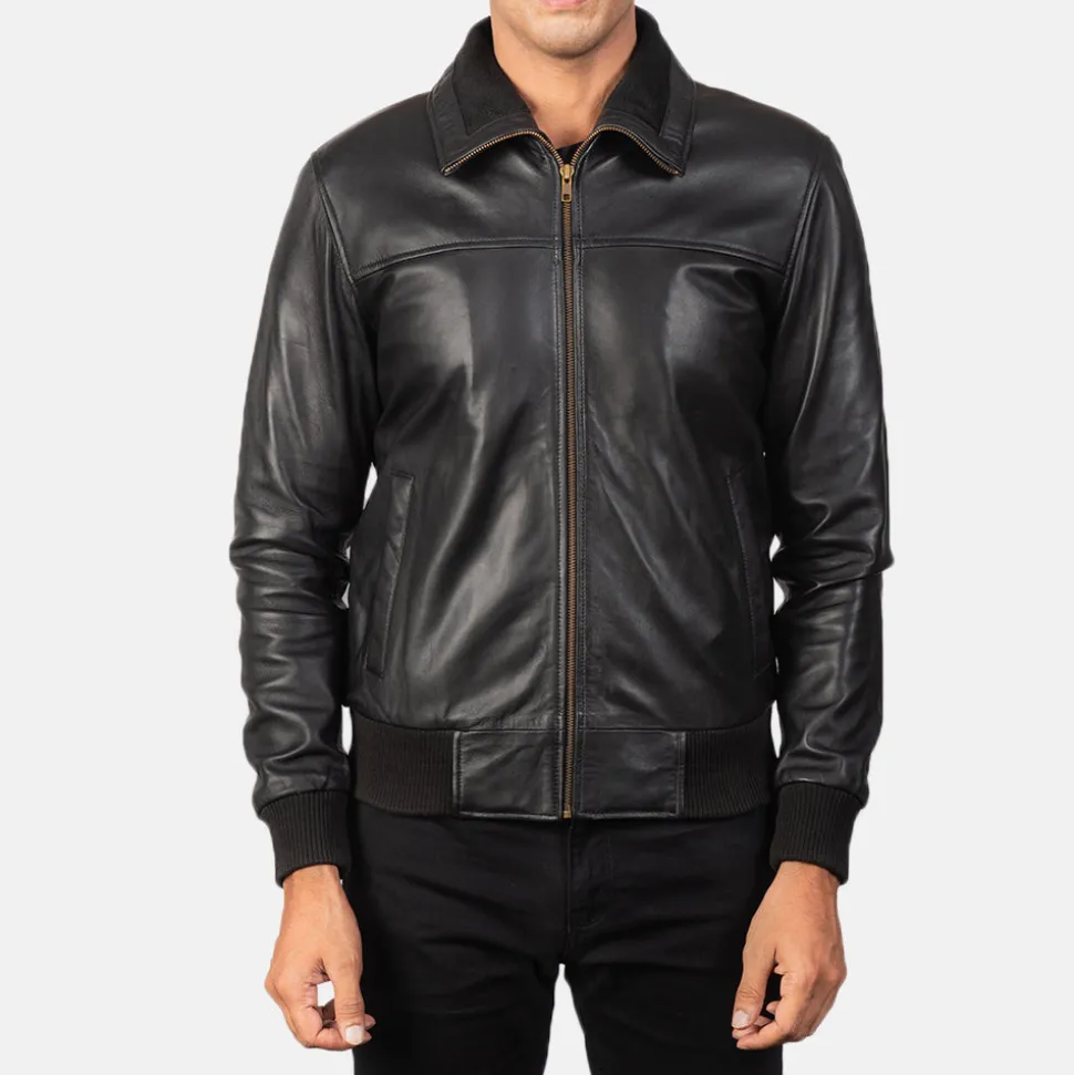 Air Rolf Black Leather Bomber Jacket
