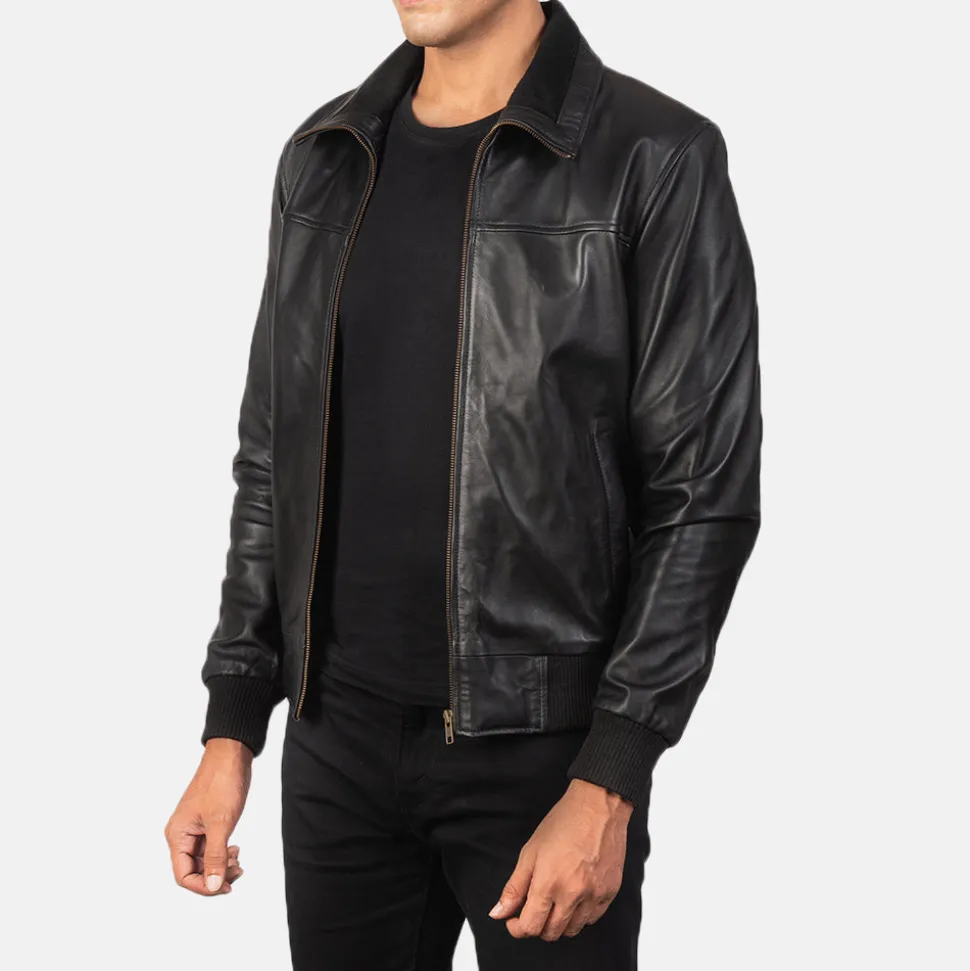 Air Rolf Black Leather Bomber Jacket