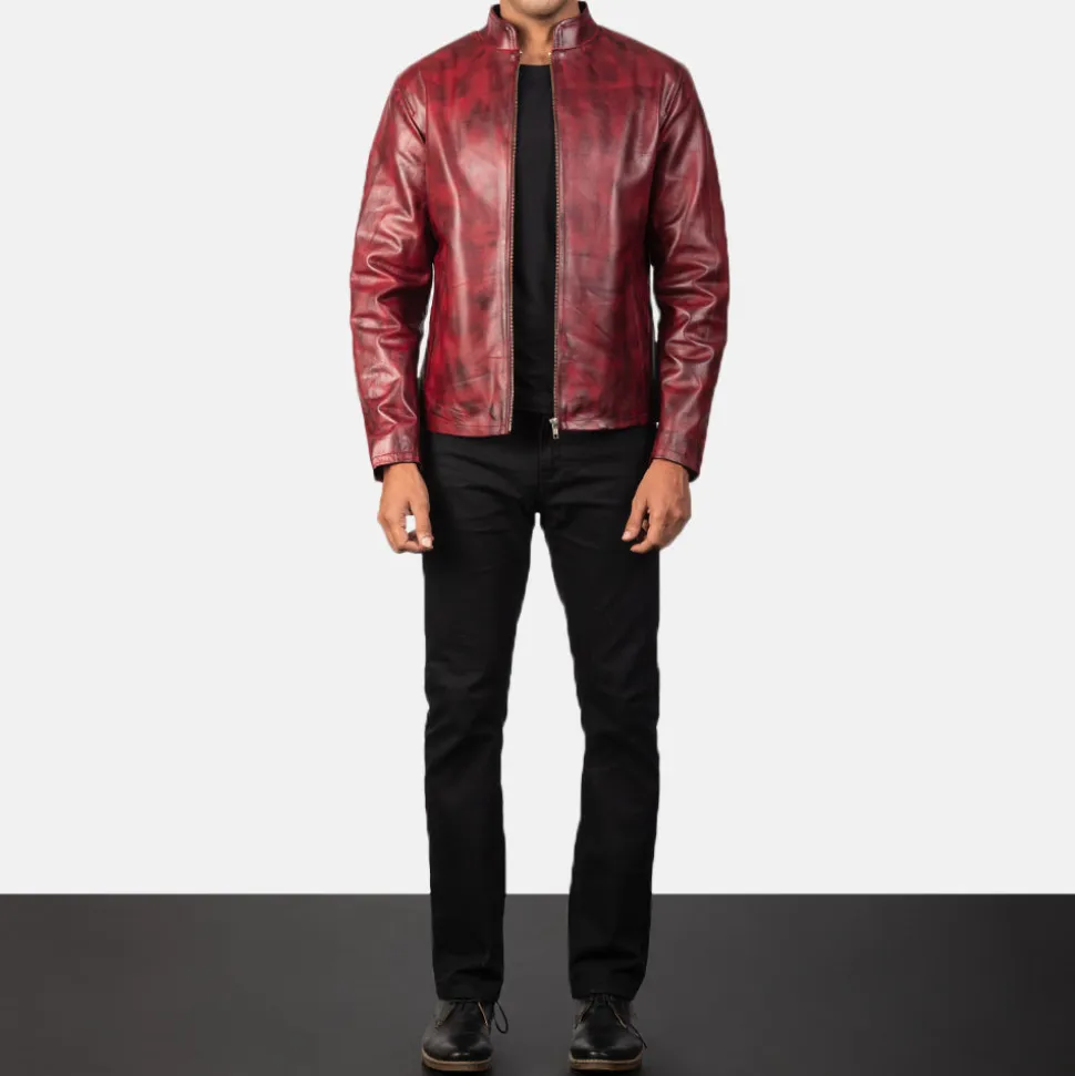 Alex Distressed Burgundy Leather Jacket