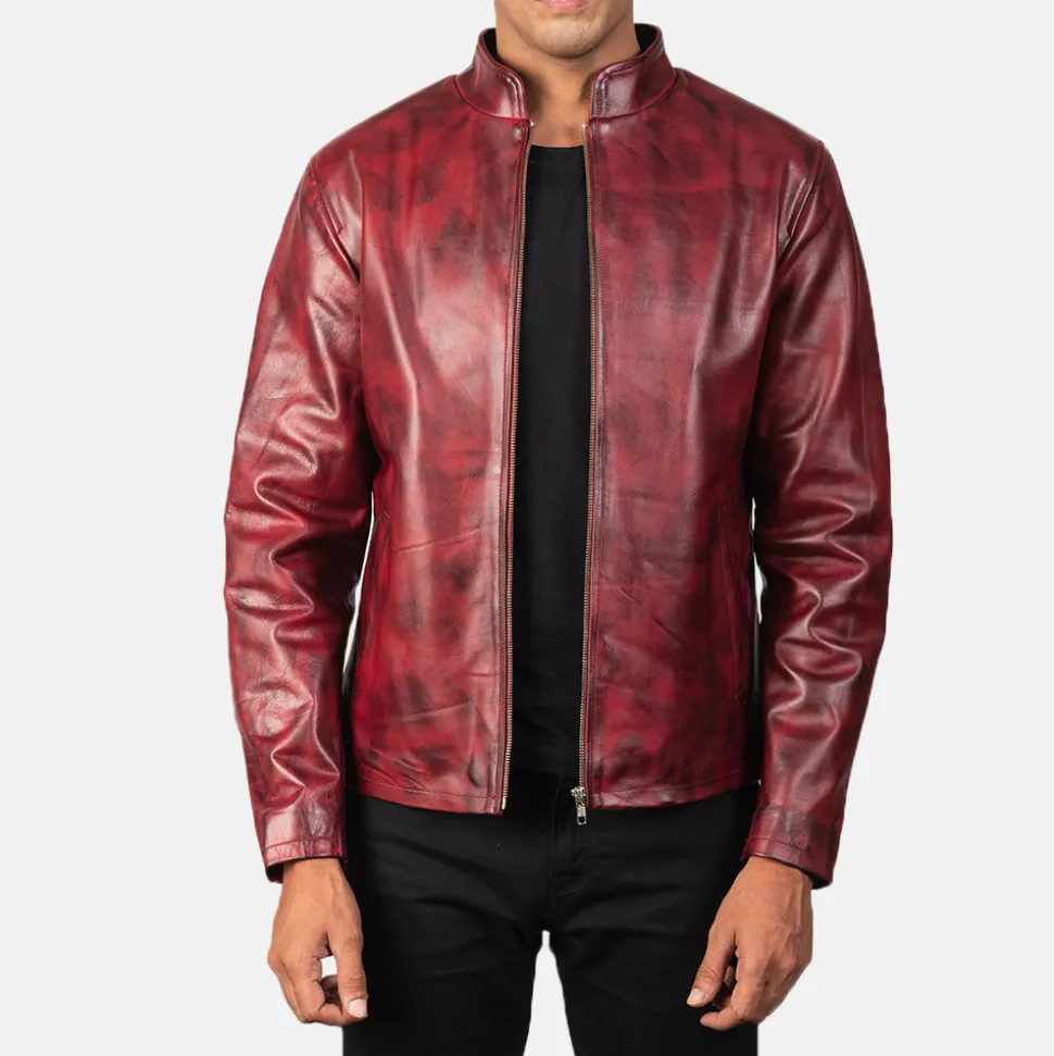 Alex Distressed Burgundy Leather Jacket