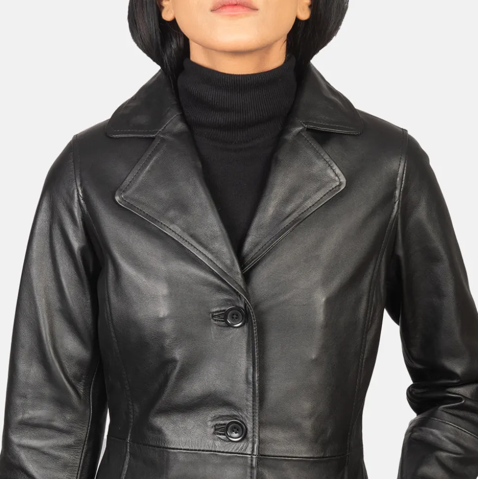 Alexis Black Single Breasted Leather Coat
