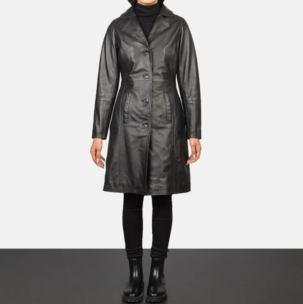 Alexis Black Single Breasted Leather Coat