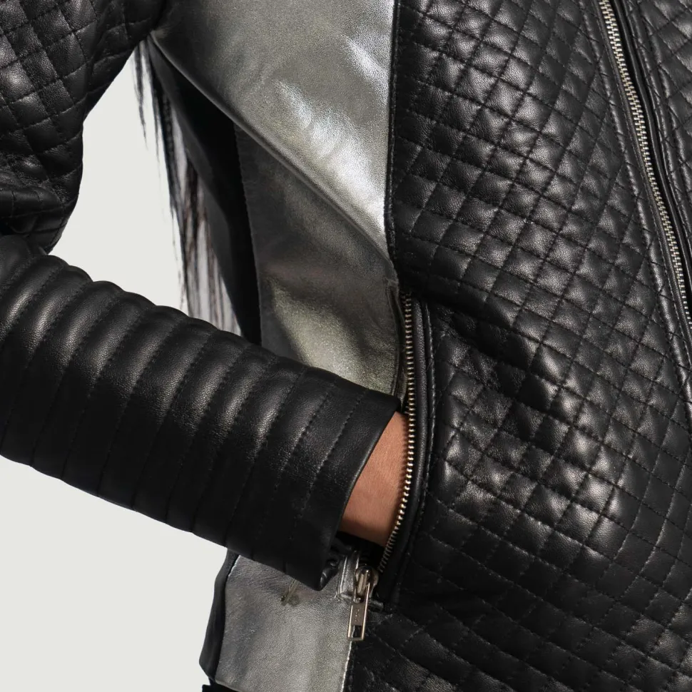 Alia Metallic Black Leather Biker Jacket