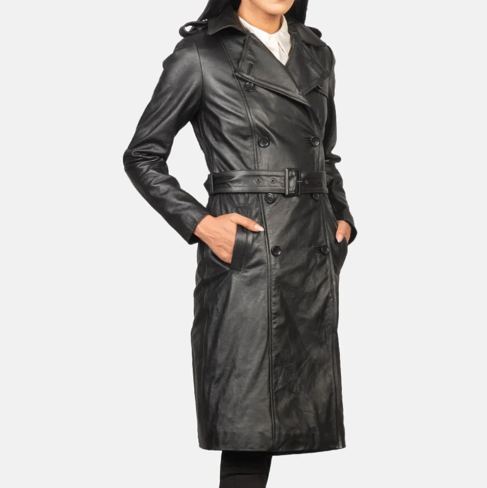 Alice Black Double Breasted Leather Coat