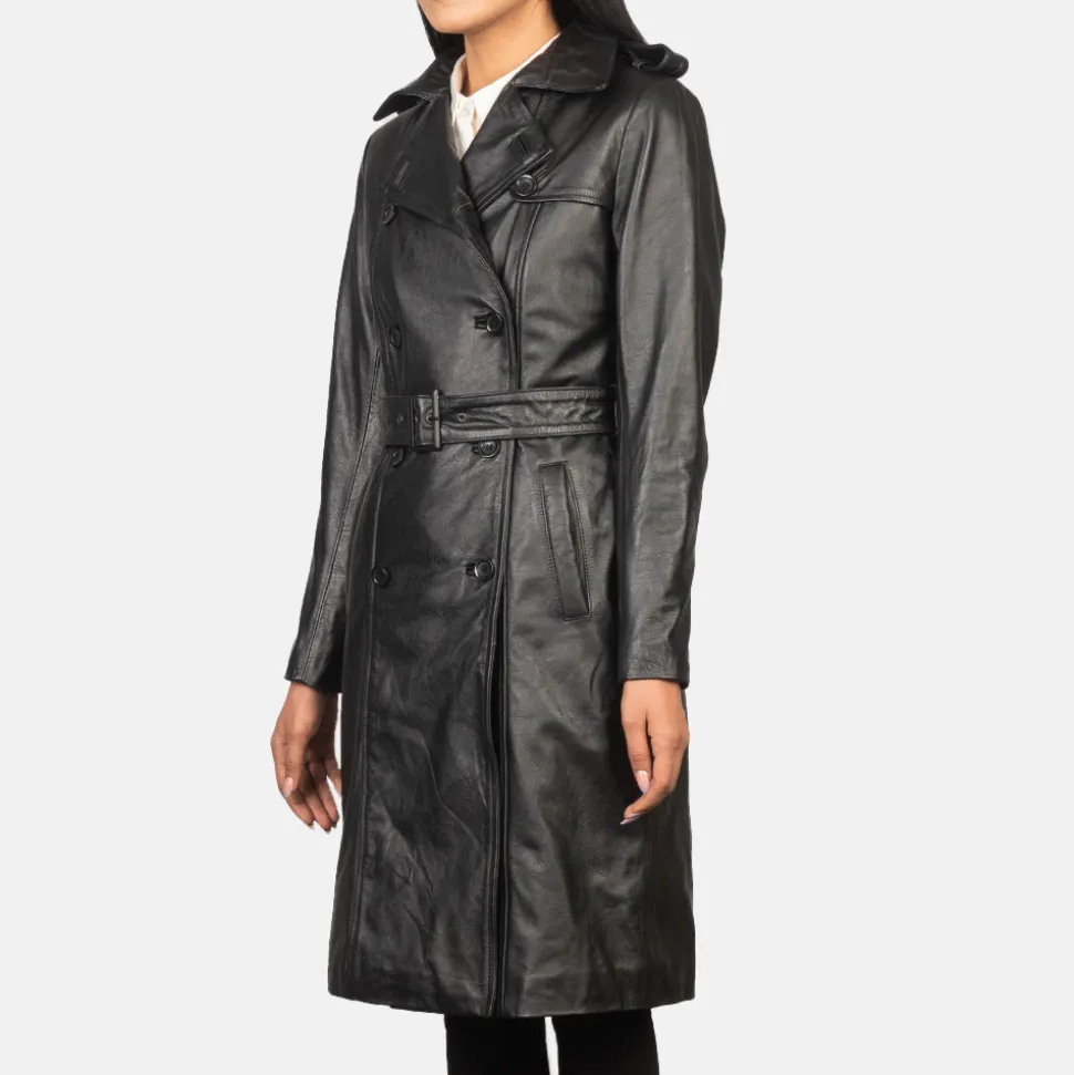 Alice Black Double Breasted Leather Coat