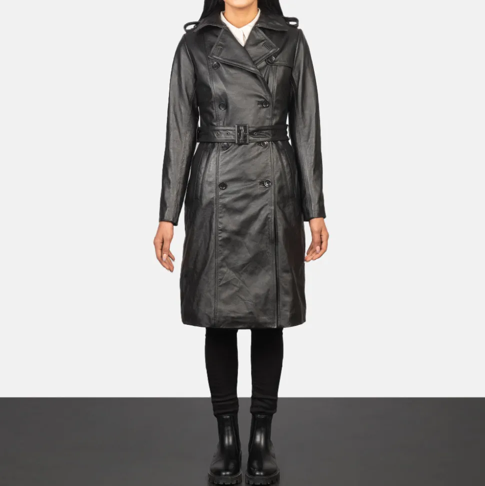 Alice Black Double Breasted Leather Coat