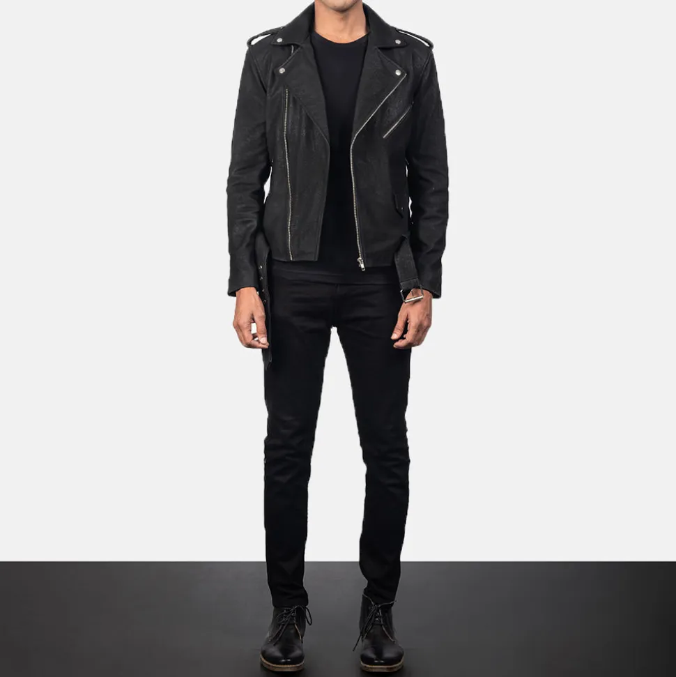 Allaric Alley Distressed Black Leather Biker Jacket