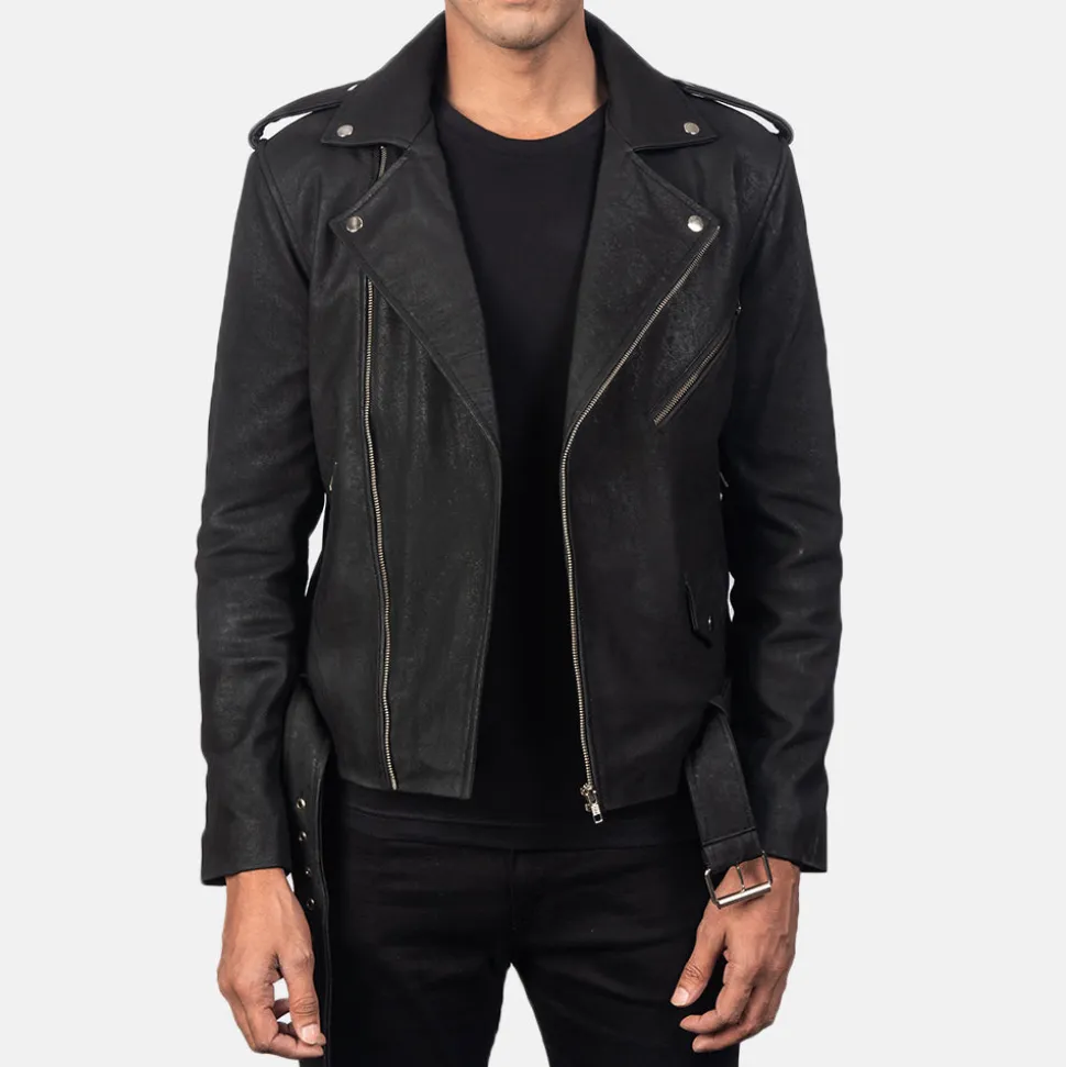 Allaric Alley Distressed Black Leather Biker Jacket
