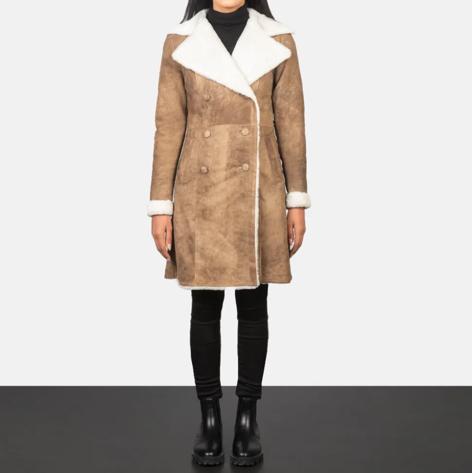 Amie Distressed Brown Double Breasted Shearling Coat
