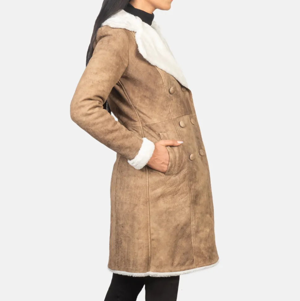 Amie Distressed Brown Double Breasted Shearling Coat