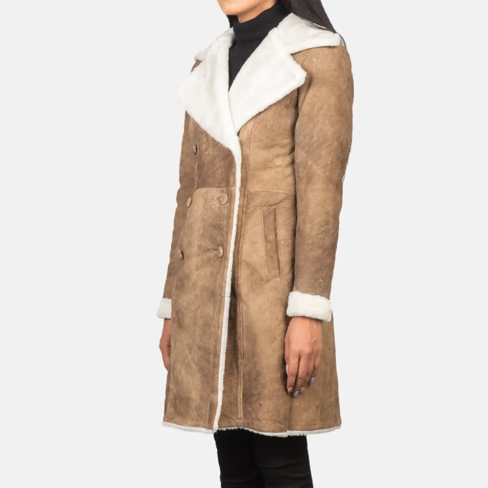 Amie Distressed Brown Double Breasted Shearling Coat