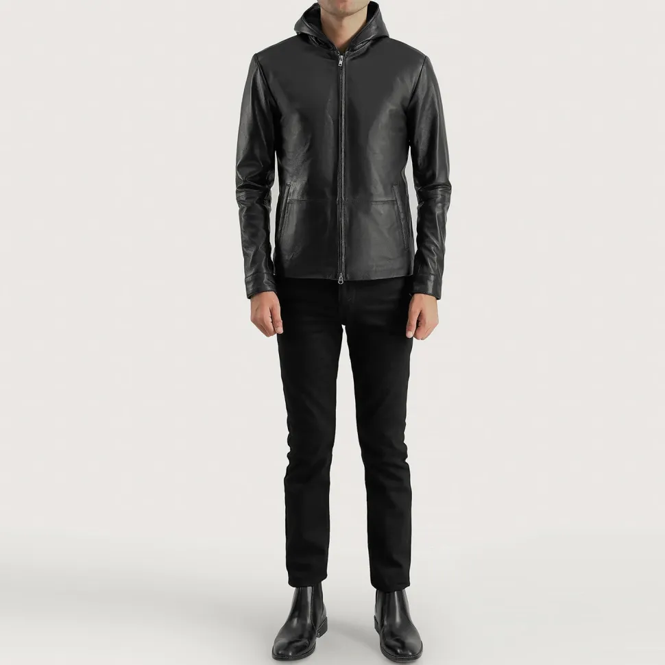 Andy Matte Black Hooded Leather Jacket