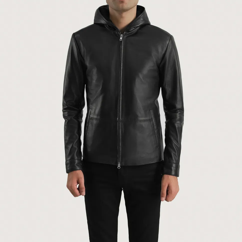 Andy Matte Black Hooded Leather Jacket