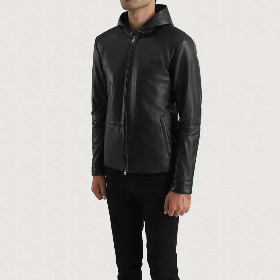 Andy Matte Black Hooded Leather Jacket