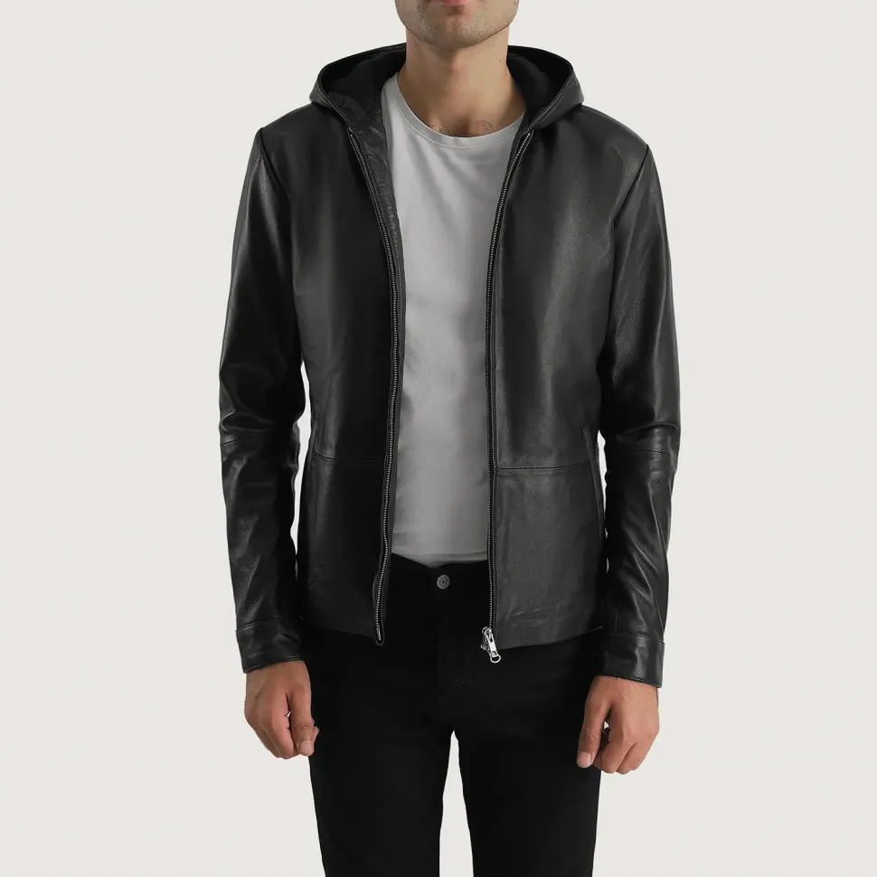 Andy Matte Black Hooded Leather Jacket