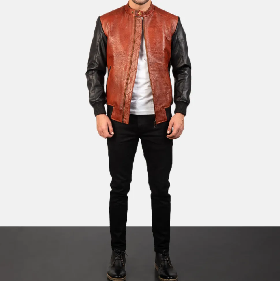 Avan Black & Maroon Leather Bomber Jacket
