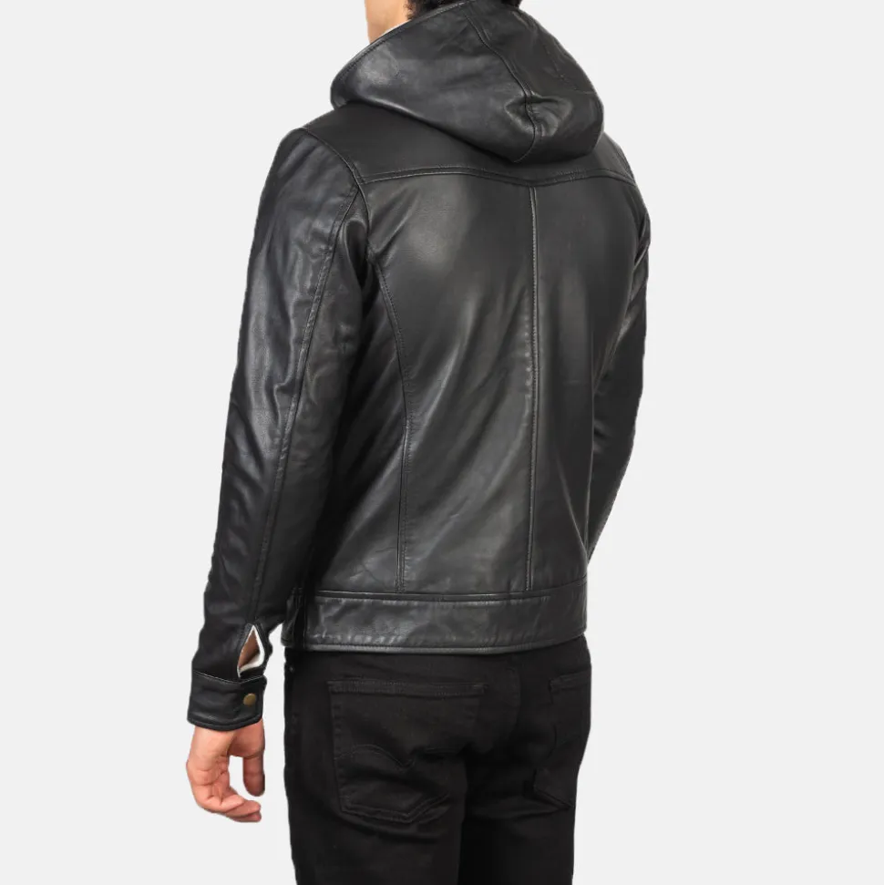 Baston Black Hooded Leather Bomber Jacket