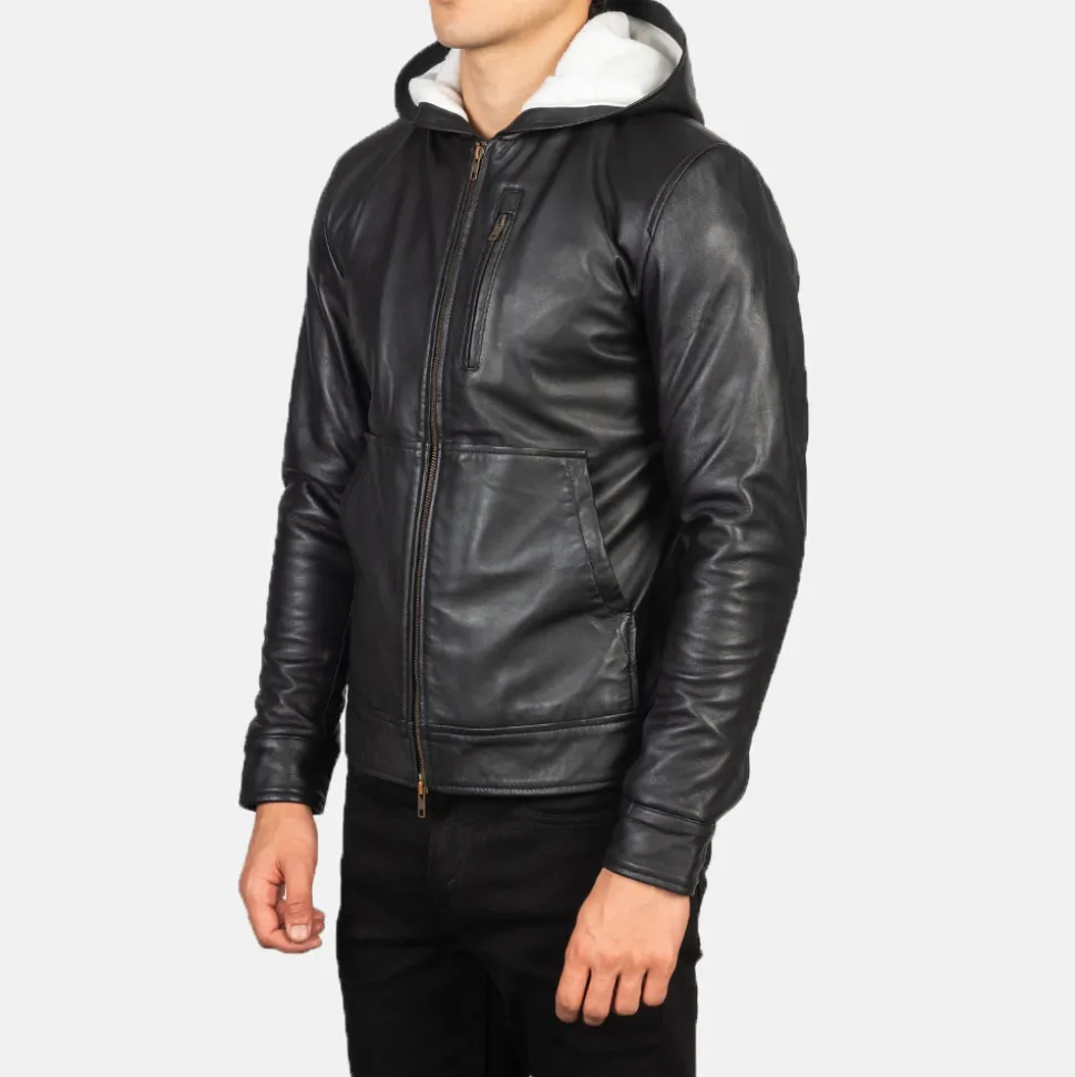 Baston Black Hooded Leather Bomber Jacket