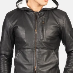 Baston Black Hooded Leather Bomber Jacket