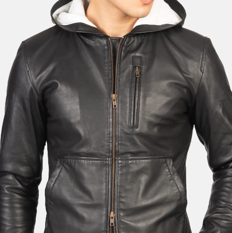 Baston Black Hooded Leather Bomber Jacket